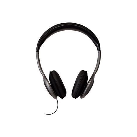 Vue de dessus d'un casque. Oreillettes et bandeau noirs. Supports argentÃ©s. Connexion par cÃ¢ble en bas.