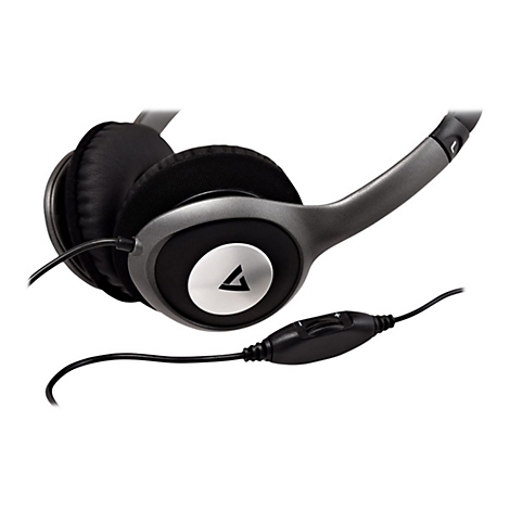 Grauer Kopfhörer mit Ohrmuscheln, Kabel und Lautstärkeregler. Auf den Ohrmuscheln ist ein Logo zu sehen.