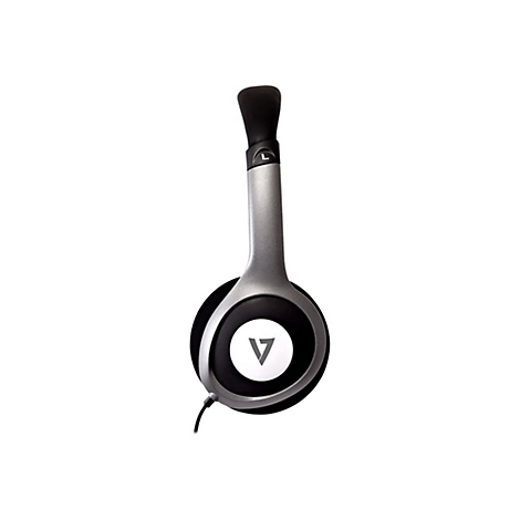 Graue Kopfhörer mit einem weißen Logo und einem schwarzen Kabel. Das L Kennzeichnet die linke Seite.