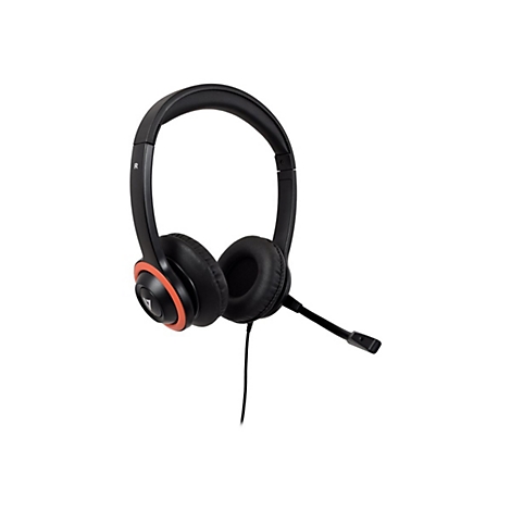 Schwarzes Headset mit orangefarbenen Akzenten und Mikrofon, freigestellt vor weißem Hintergrund.