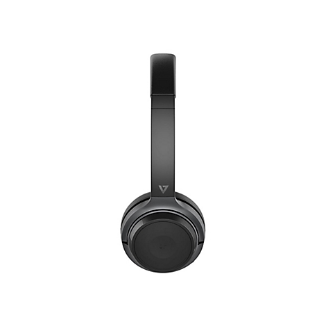 Dunkelgrauer Kopfhörer mit V-Logo. Bügel und Ohrmuscheln sind rund.