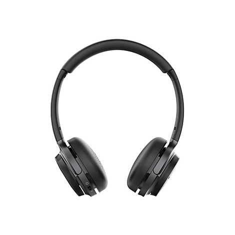 Casque noir sur fond blanc. Ã‰couteurs ovales, arceau rembourrÃ©, pliable.