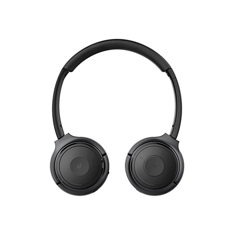 Casque noir sur fond blanc, vue de face rapprochÃ©e.