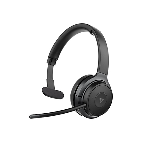 Schwarzes Headset mit Mikrofon auf weißem Hintergrund, Detailansicht.