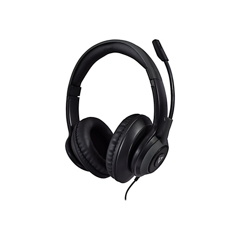 Schwarzes Headset mit Mikrofon auf weißem Hintergrund.