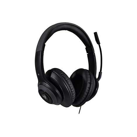 Schwarzes Gaming-Headset mit Mikrofon auf weißem Hintergrund.