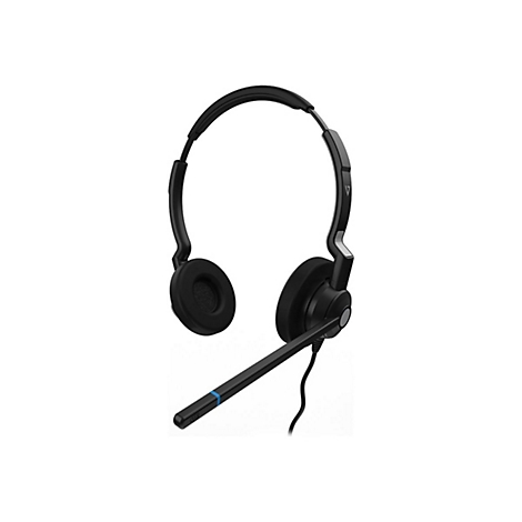 Schwarzes Headset mit Mikrofon auf weißem Hintergrund.