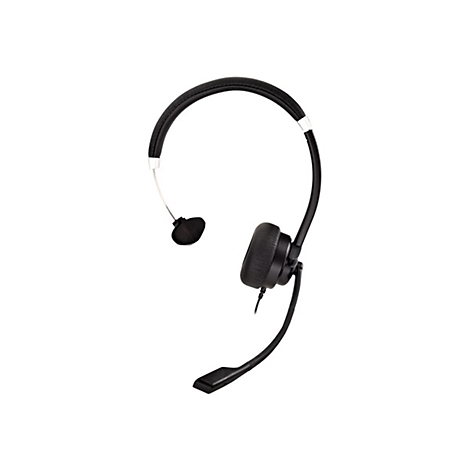 Schwarzes Headset mit Mikrofon, Detailaufnahme. Der BÃ¼gel und das Mikrofon sind gebogen, die Ohrmuschel rund.