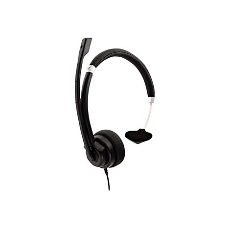 Schwarzes Headset mit Mikrofon. Das Headset hat einen BÃ¼gel und ein Ohrpolster.