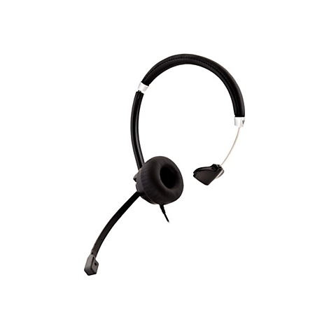 Ein schwarzes Headset auf weiÃŸem Hintergrund. Es besteht aus einem BÃ¼gel, einem Ohrmuschelpolster und einem Mikrofonarm.