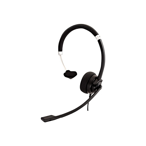 Schwarzes Headset vor weiÃŸem Hintergrund. Ein BÃ¼gel fÃ¼hrt zum linken OhrhÃ¶rer und Mikrofon.