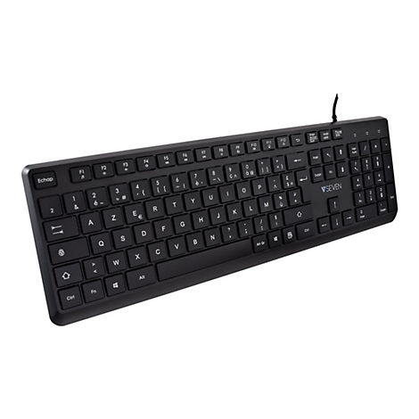Schwarze Tastatur mit franzÃ¶sischem Layout, Kabel und SEVEN Logo. Auf weiÃŸem Hintergrund.