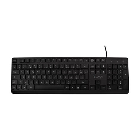 Schwarze Computertastatur mit Kabel, Tastenbeschriftung in weiÃŸ, Markenlogo auf der Leertaste.