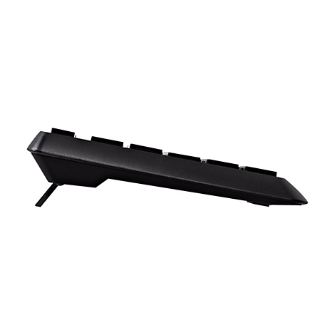 Schwarze Tastatur von der Seite, mit ausgeklapptem StÃ¤nder. Schwarze Tasten in einer Reihe.
