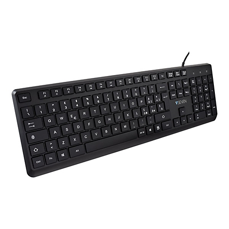 Ein schwarze Tastatur mit weißen Tasten. Auf den Tasten sind Buchstaben, Zahlen und Sonderzeichen abgebildet.