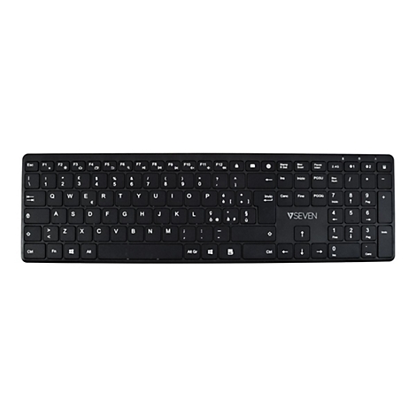 Schwarze, drahtlose Tastatur von oben. Beschriftung mit Buchstaben, Zahlen und Sonderzeichen. Logo 'VSEVEN' in der Mitte.