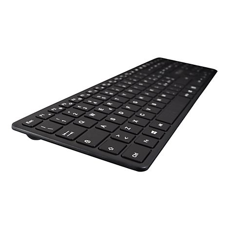 Schwarze Tastatur mit weißen Buchstaben und Zahlen auf weißem Hintergrund.