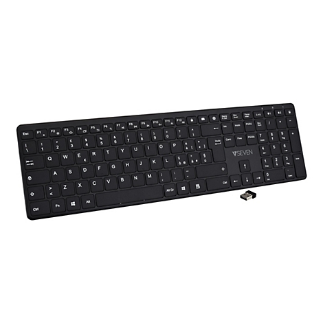 Schwarze kabellose Tastatur mit USB-Empfänger auf weißem Grund. Auf der Tastatur sind Buchstaben, Zahlen und Sonderzeichen in Weiß dargestellt. Die Marke "VSeven" ist auf der Tastatur zu sehen.