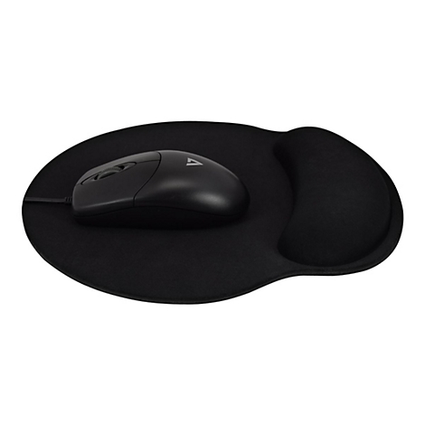 Schwarzes Mauspad mit Handgelenkstütze und Maus. Auf dem Pad befindet sich eine schwarze Maus mit Logo.