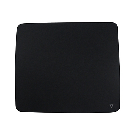 Schwarzes rechteckiges Mauspad mit abgerundeten Ecken. Auf der rechten unteren Ecke befindet sich ein graues Logo.