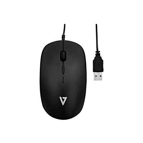 Schwarze Computermaus mit USB-Anschluss. Auf der Maus befindet sich ein weiÃŸes 'V' Symbol.