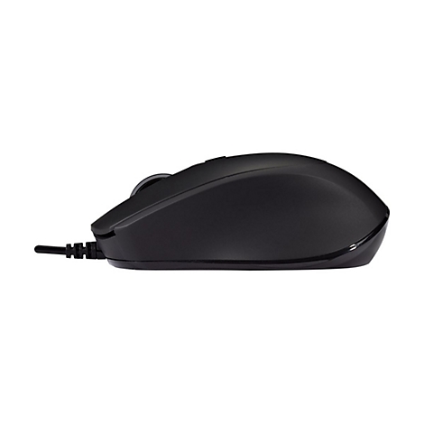 Schwarze Computermaus im Seitenprofil, mit Kabel. Auf weiÃŸem Hintergrund.