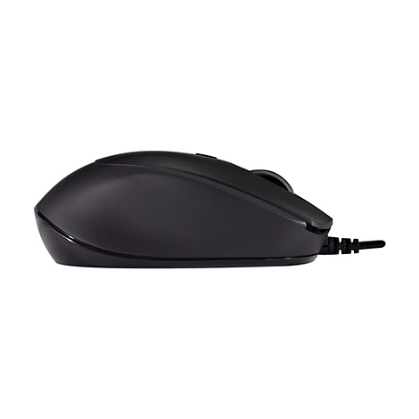 Schwarze Computermaus, seitlich betrachtet, mit Kabel. Auf weiÃŸem Hintergrund.