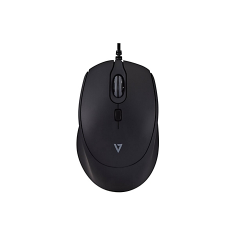 Schwarze Computermaus. Scrollrad, zwei Tasten, Kabelanschluss. Kleines V-Logo.
