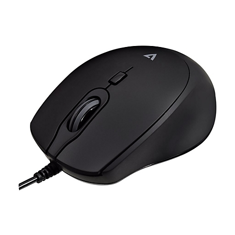 Schwarze Computermaus mit Kabel, Mausrad und Logo.