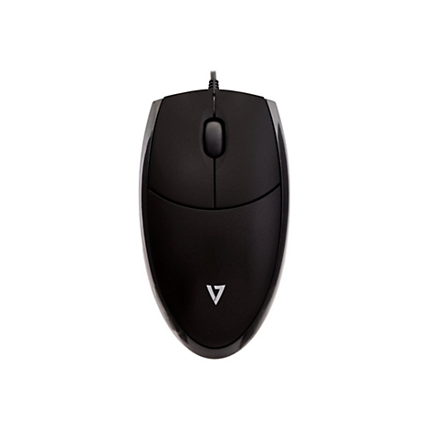 Schwarze Computermaus mit Scrollrad und zwei Maustasten. Kabelanschluss. Aufdruck mit V-Symbol.