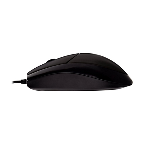 Schwarze Computermaus im Profil, Kabel links. Zwei Tasten, Scrollrad.