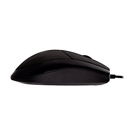 Schwarze Computermaus im Profil. Links und rechts je eine Taste, mittig ein Scrollrad. Ein Kabel fÃ¼hrt nach rechts.