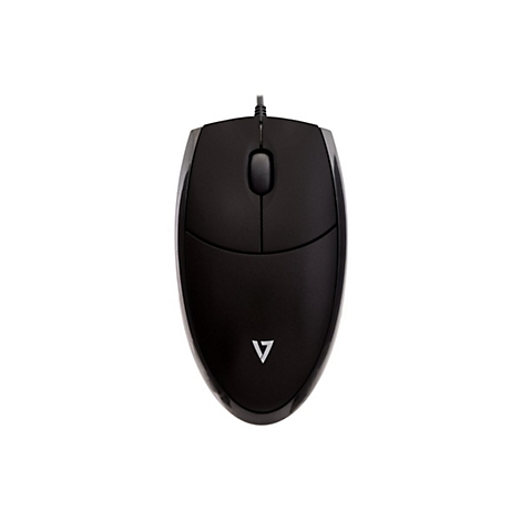 Schwarze Computermaus mit Kabel und Logo. Oben: Zwei KnÃ¶pfe und ein Scrollrad.