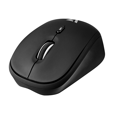 Schwarze Computermaus, Oberansicht. Sichtbar sind Scrollrad, DPI-Taste und Logo.