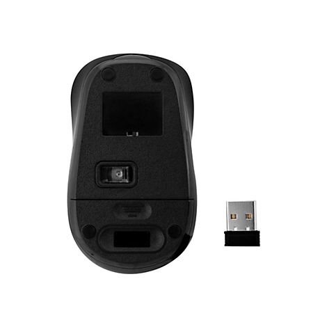 Schwarze Computermaus von unten mit USB-Empfänger auf weißem Hintergrund.