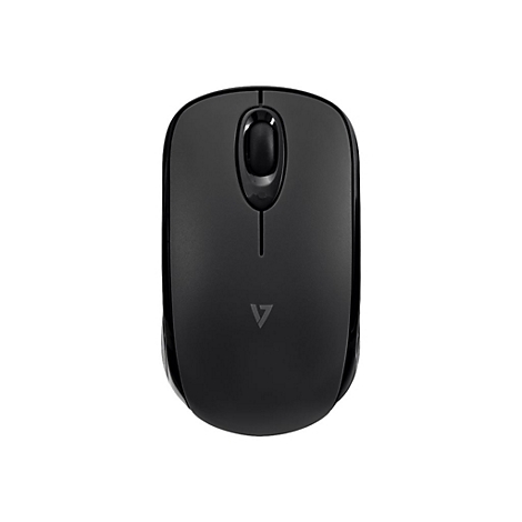 Drahtlose schwarze Maus, von oben fotografiert, auf weißem Hintergrund. Mit Logo.