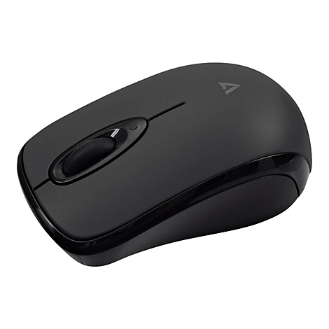 Schwarze Computermaus, Oberseite. Rolle, zwei Tasten, Logo. Glänzende Umrandung.