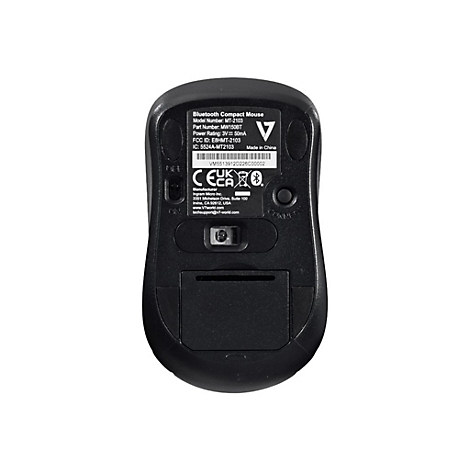 Schwarze Bluetooth-Maus von unten. Details zu Modellnummer, Hersteller, FCC-ID und CE-Kennzeichnung.