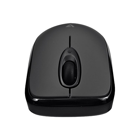 Drahtlose schwarze Computermaus, Ansicht von oben. Das Scrollrad ist prominent.