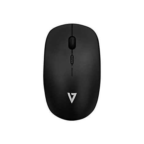 Draufsicht auf eine schwarze, drahtlose Computermaus mit Logo. Obere Hälfte: Scrollrad, Maustasten. Untere Hälfte: Logo.