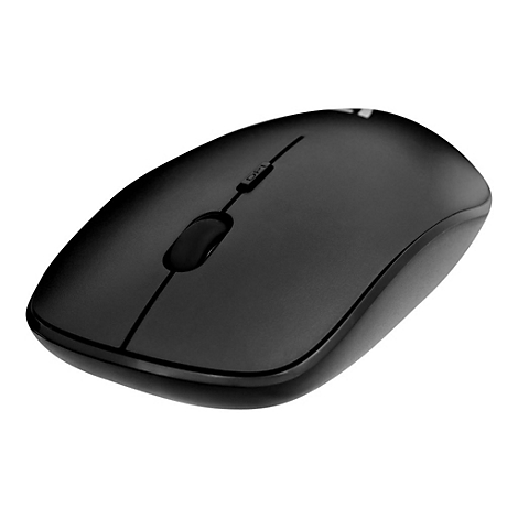 Souris d'ordinateur noire avec molette et deux boutons.