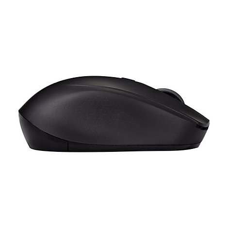 Schwarze Computermaus im Profil vor weiÃŸem Hintergrund. Sie hat zwei KnÃ¶pfe, ein Scrollrad und eine ergonomische Form.