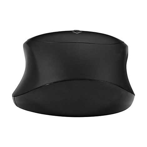 Schwarze Computermaus, ergonomisch geformt. Oben ein Pfeil.