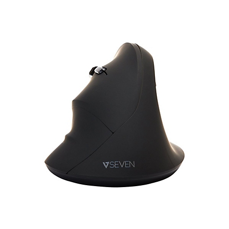 Schwarze ergonomische Maus, seitlich betrachtet, mit dem Schriftzug VSEVEN.