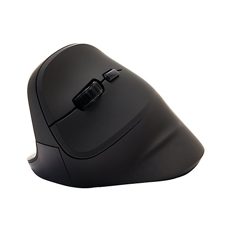 Schwarze, ergonomische Maus. Mit Scrollrad und zwei Zusatztasten.