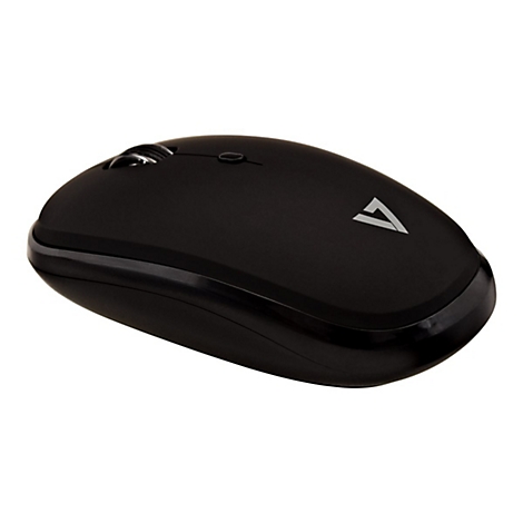 Schwarze Computermaus, Rollrad und Logo, weißer Hintergrund.