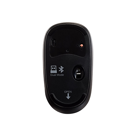 Souris d'ordinateur noire vue d'en bas. Texte : Dual Mode, Open avec flÃ¨che vers le bas.