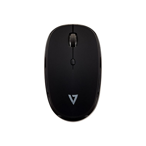 Souris d'ordinateur sans fil noire avec molette de dÃ©filement et logo. Un bouton se trouve sous la molette.