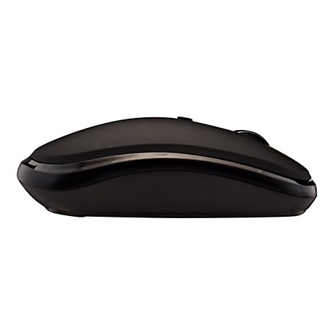 Une souris d'ordinateur noire de cÃ´tÃ©, avec une molette et un bord brillant.