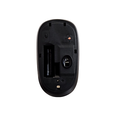 Souris sans fil vue de dessous. Noire, avec compartiment Ã  piles et capteur.
